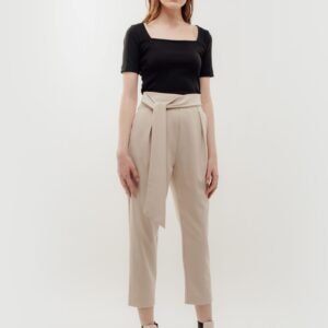 High Waisted Trousers with Belt Tie in Beige