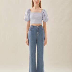 Puffed Sleeved Shirred Top in Mist Blue