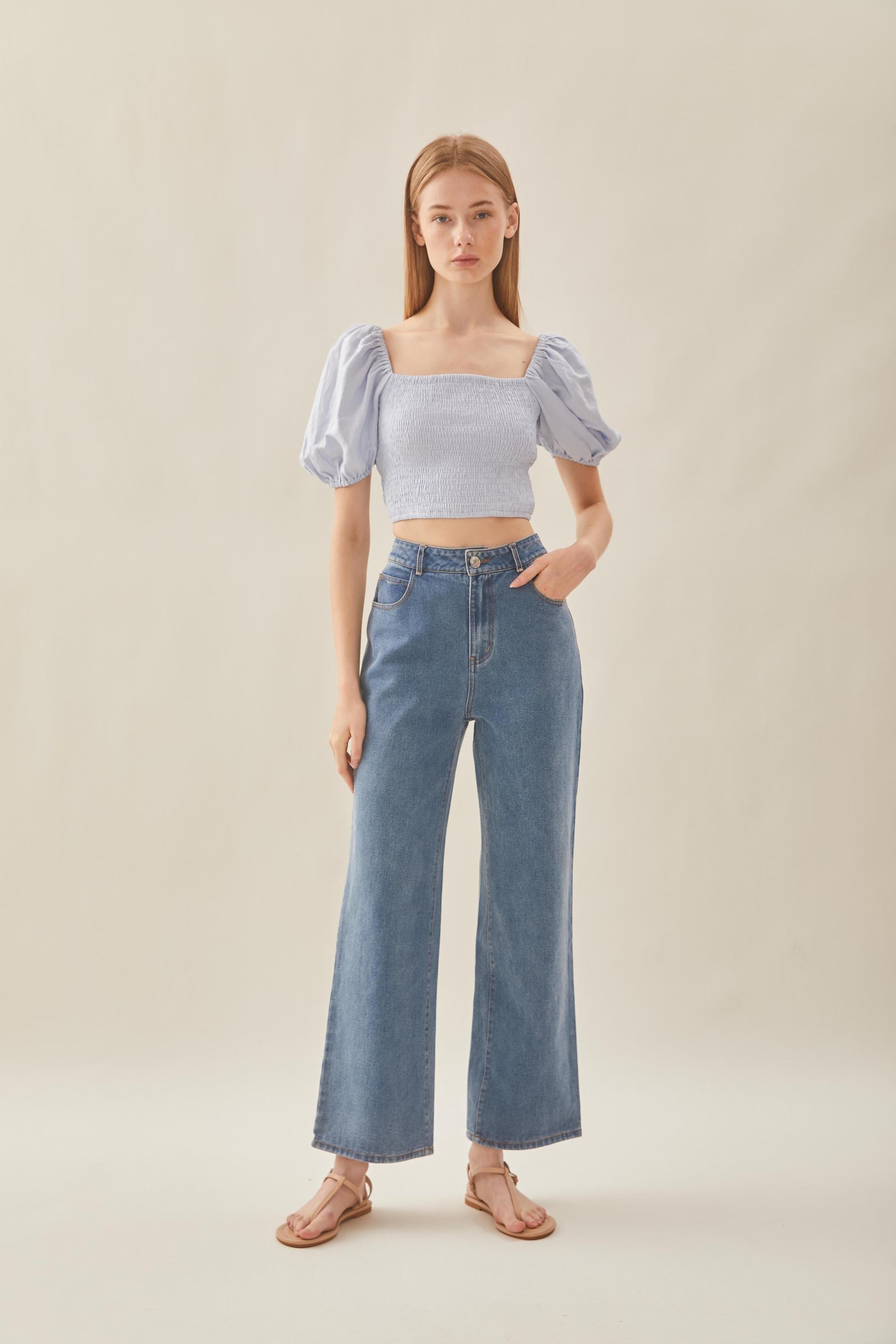 Puffed Sleeved Shirred Top in Mist Blue - Image 4