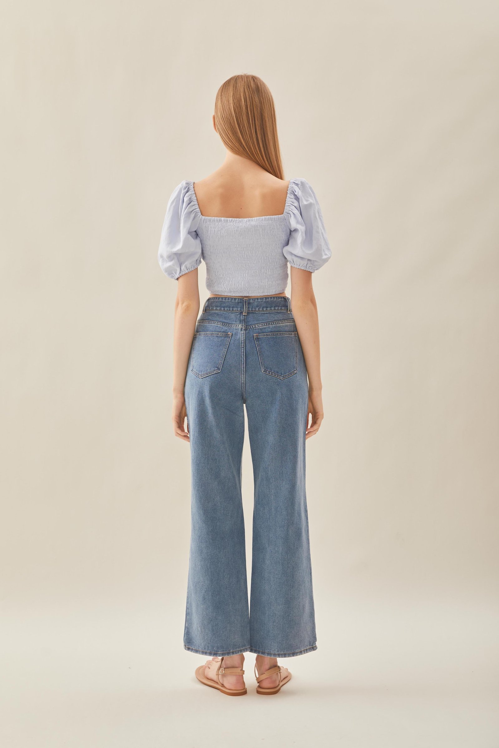 Puffed Sleeved Shirred Top in Mist Blue - Image 6