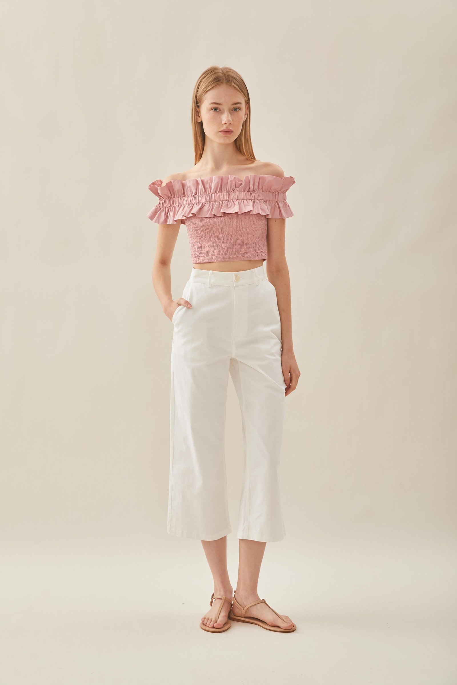 Off Shoulder Top with Ruffles in Tea Rose - Image 2