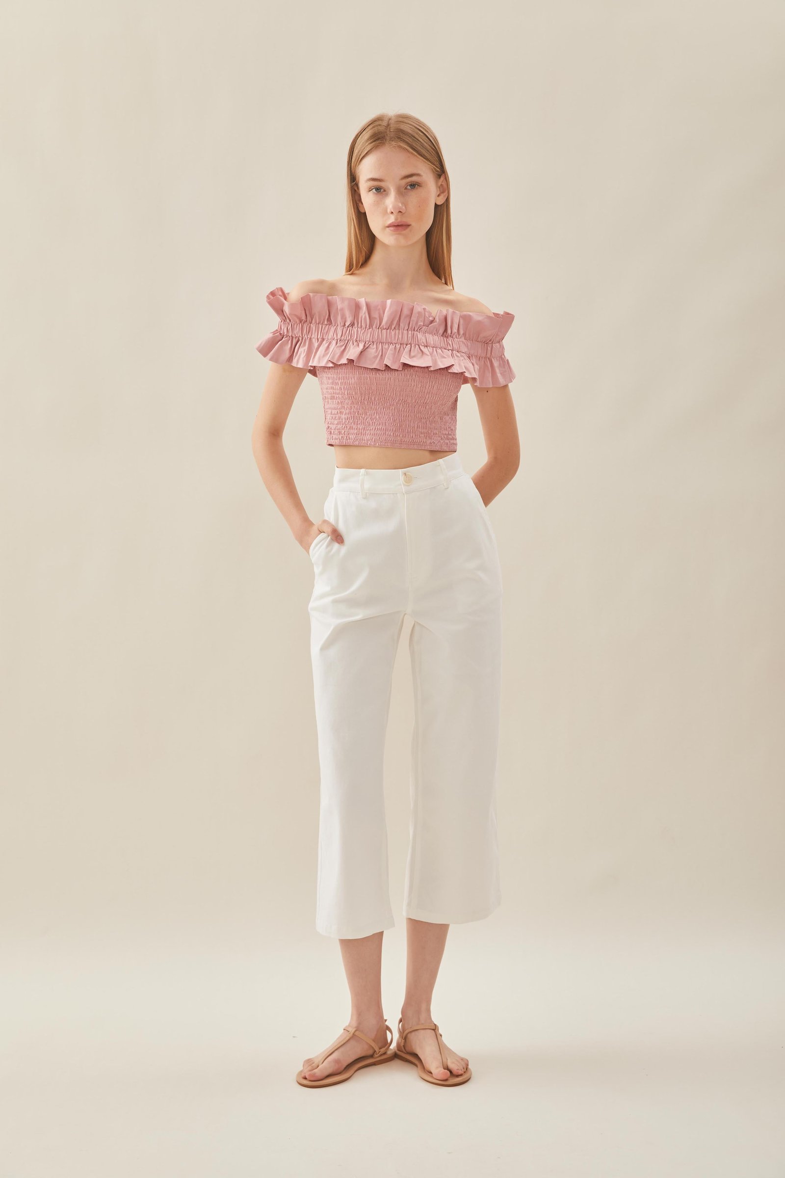 Off Shoulder Top with Ruffles in Tea Rose - Image 3