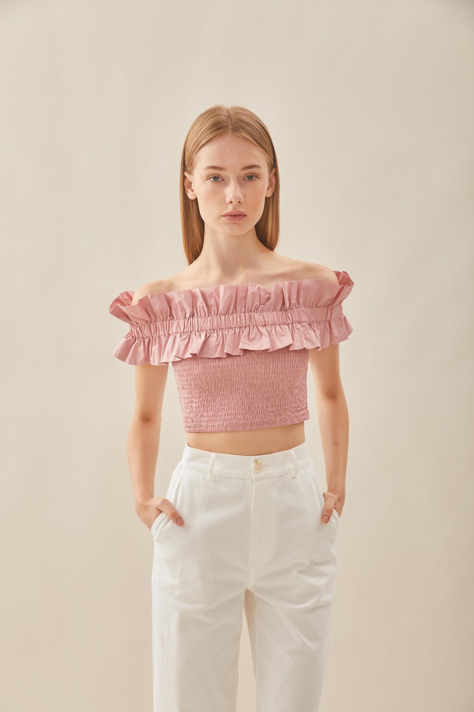 Off Shoulder Top with Ruffles in Tea Rose - Image 5