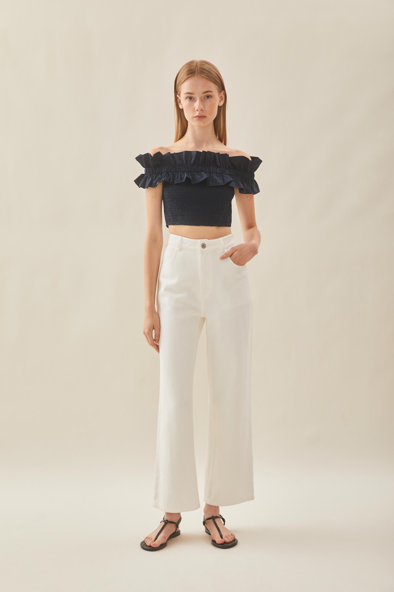 Off Shoulder Top in Ruffles in Midnight - Image 2