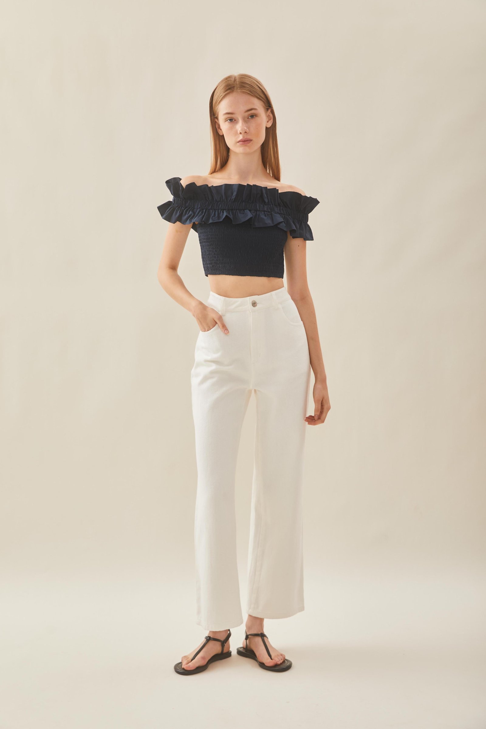 Off Shoulder Top in Ruffles in Midnight - Image 4
