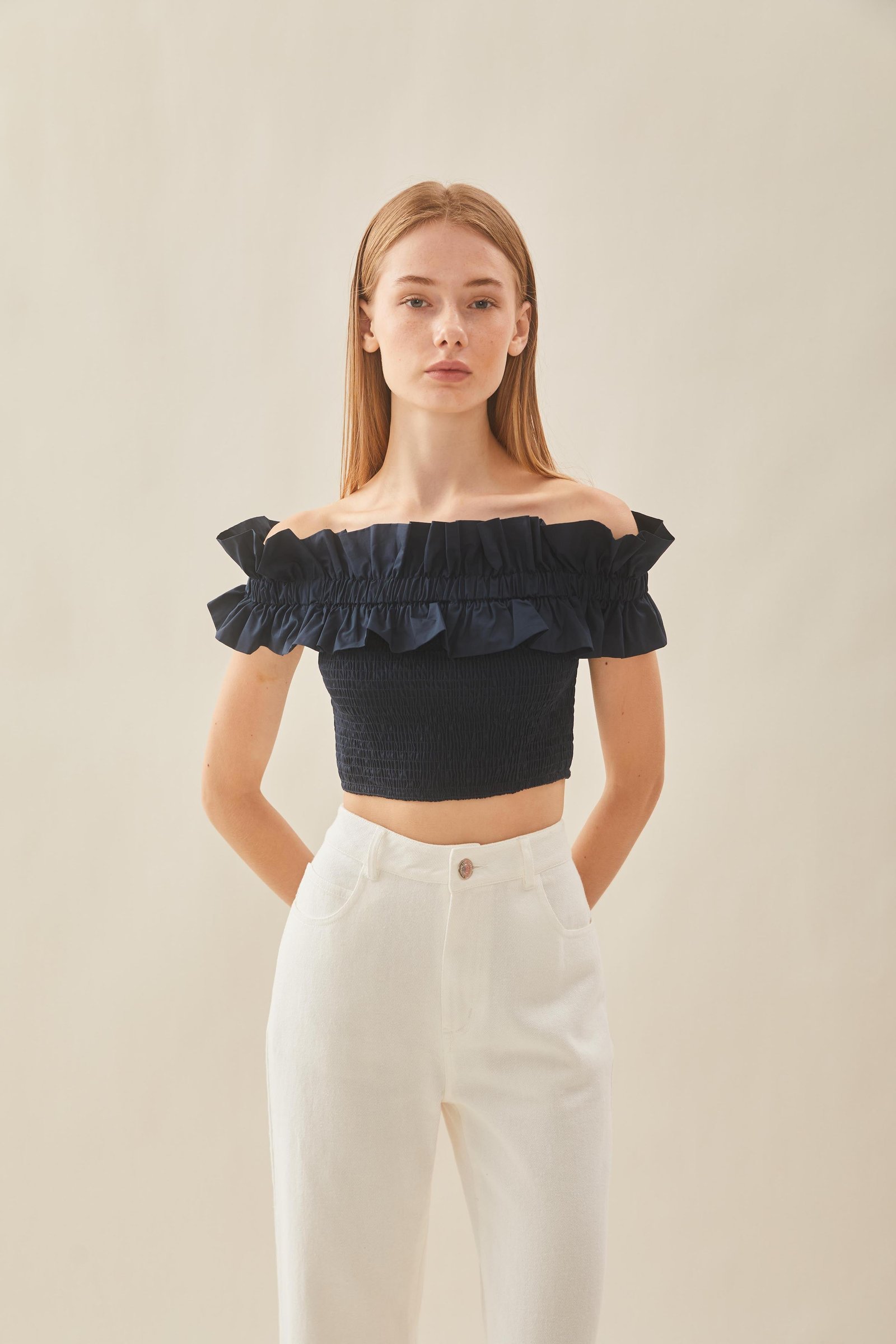 Off Shoulder Top in Ruffles in Midnight - Image 5