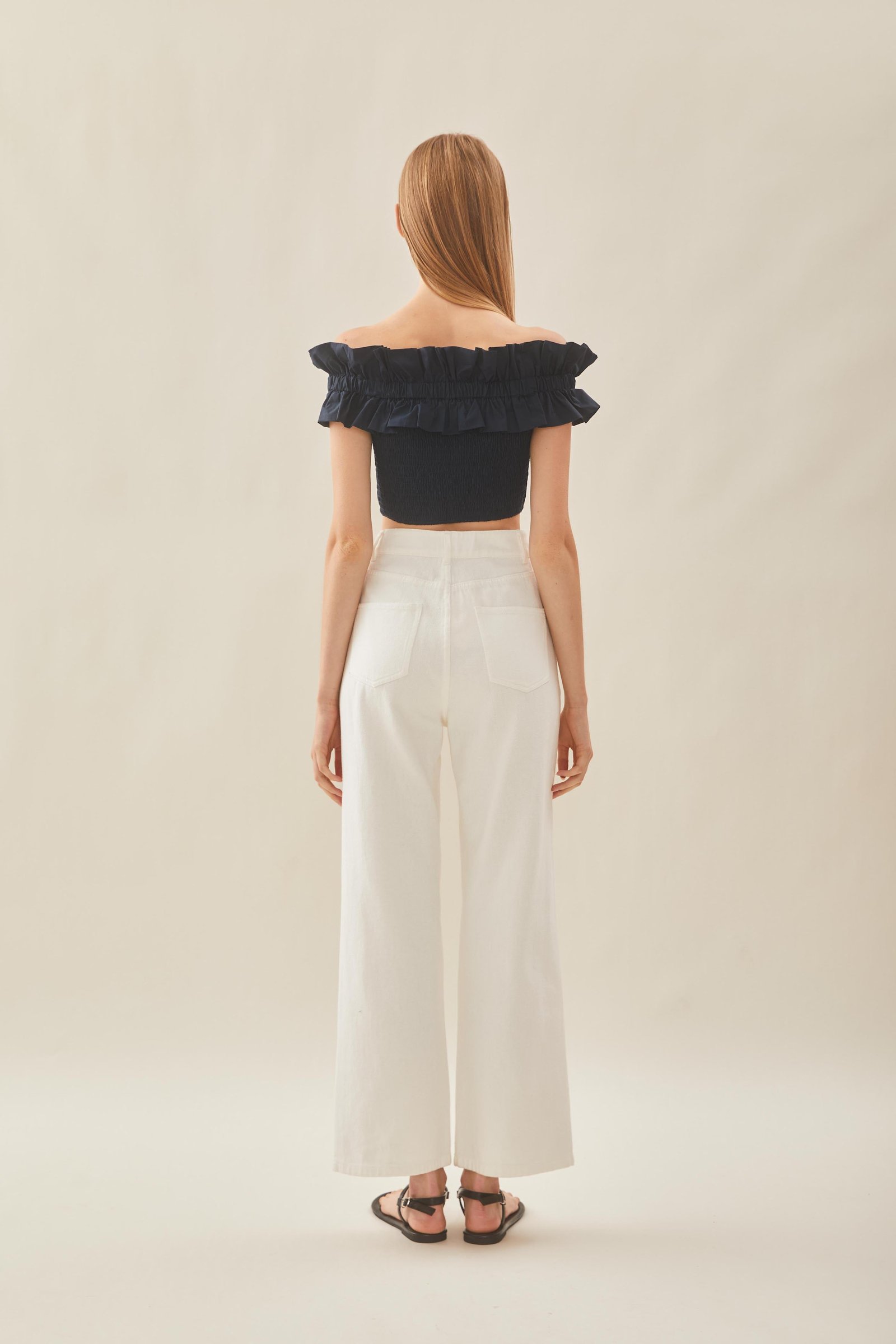 Off Shoulder Top in Ruffles in Midnight - Image 6