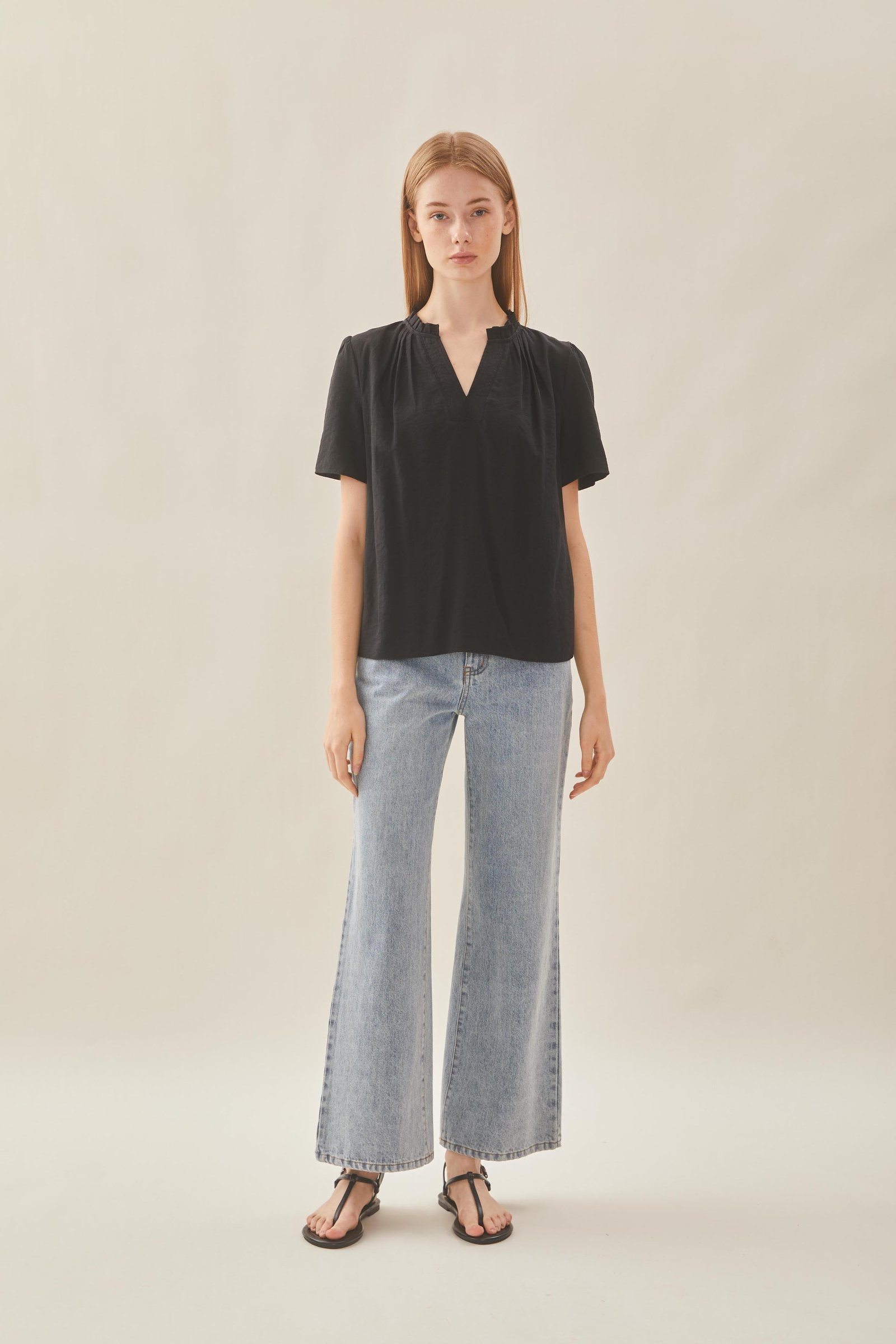 Pleated V Neck Blouse in Black - Image 2