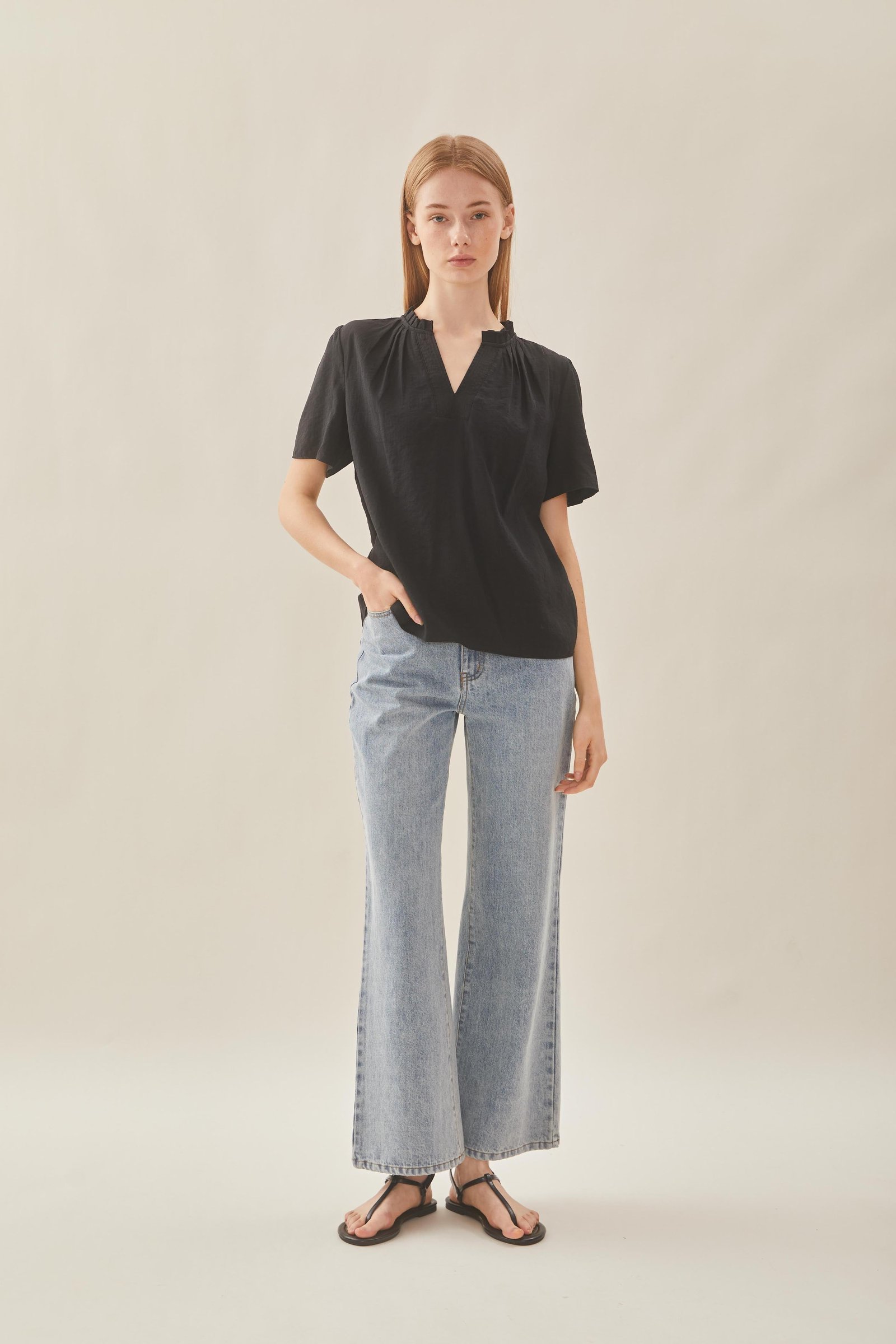 Pleated V Neck Blouse in Black - Image 4