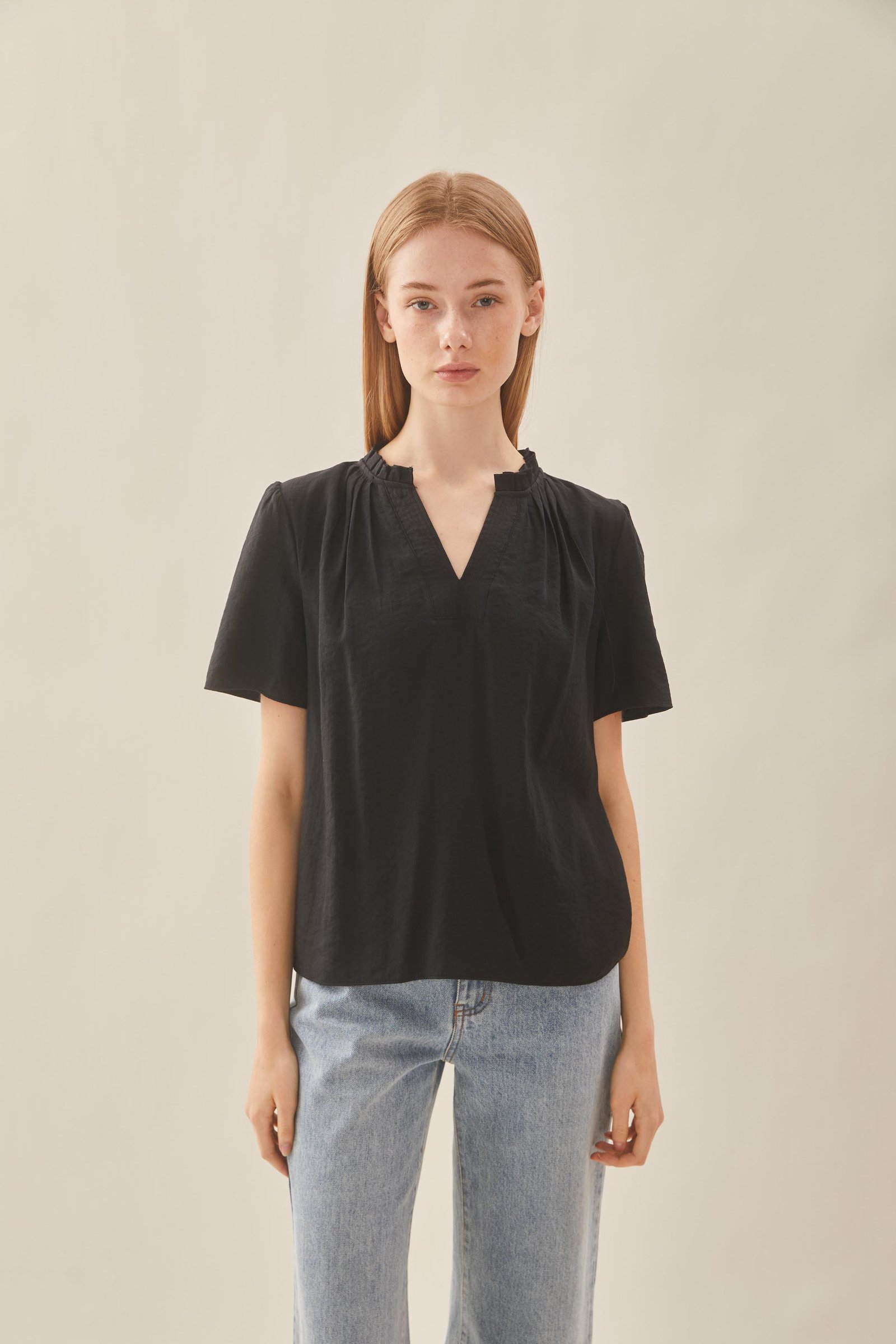 Pleated V Neck Blouse in Black - Image 5