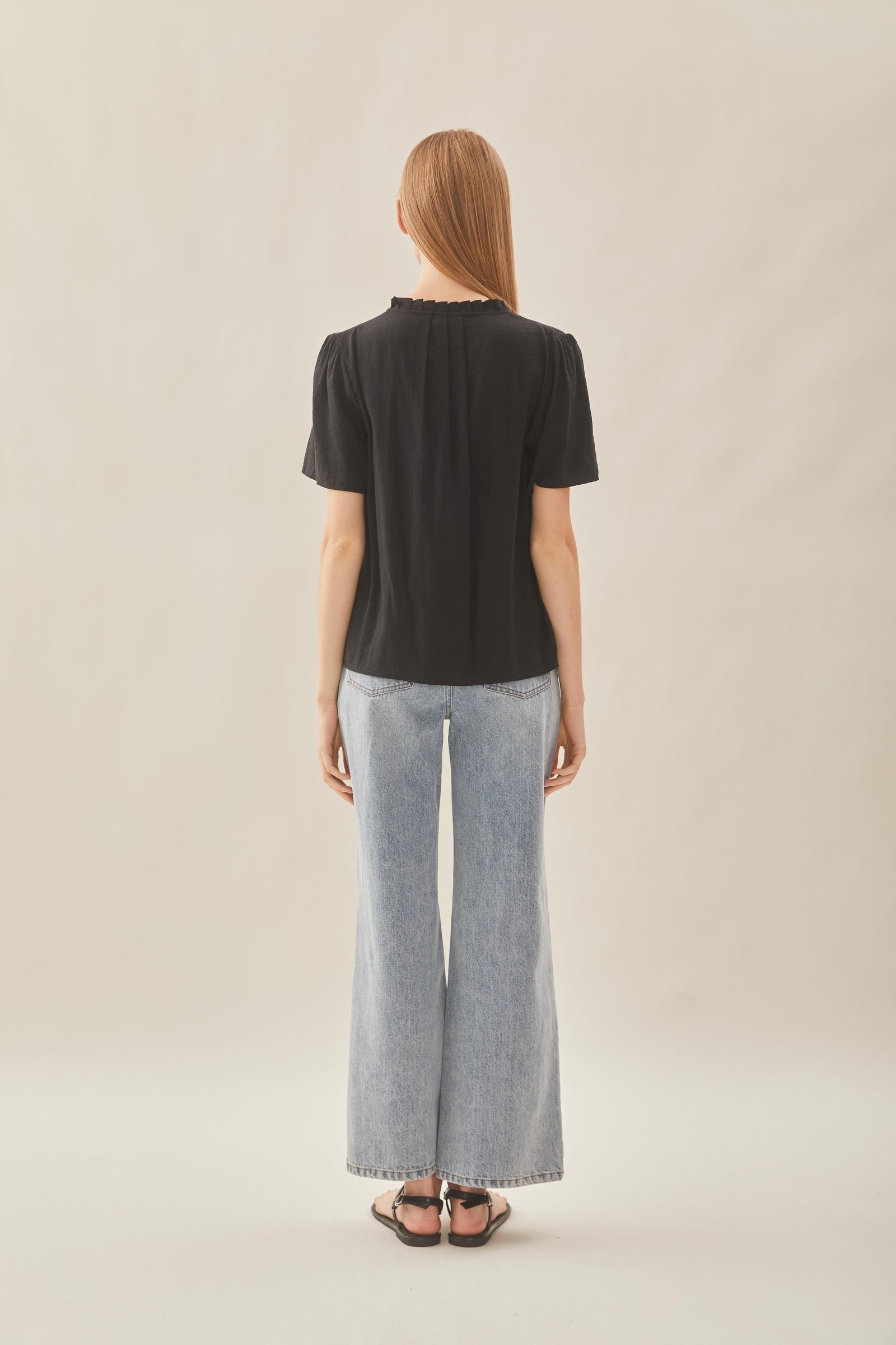 Pleated V Neck Blouse in Black - Image 6