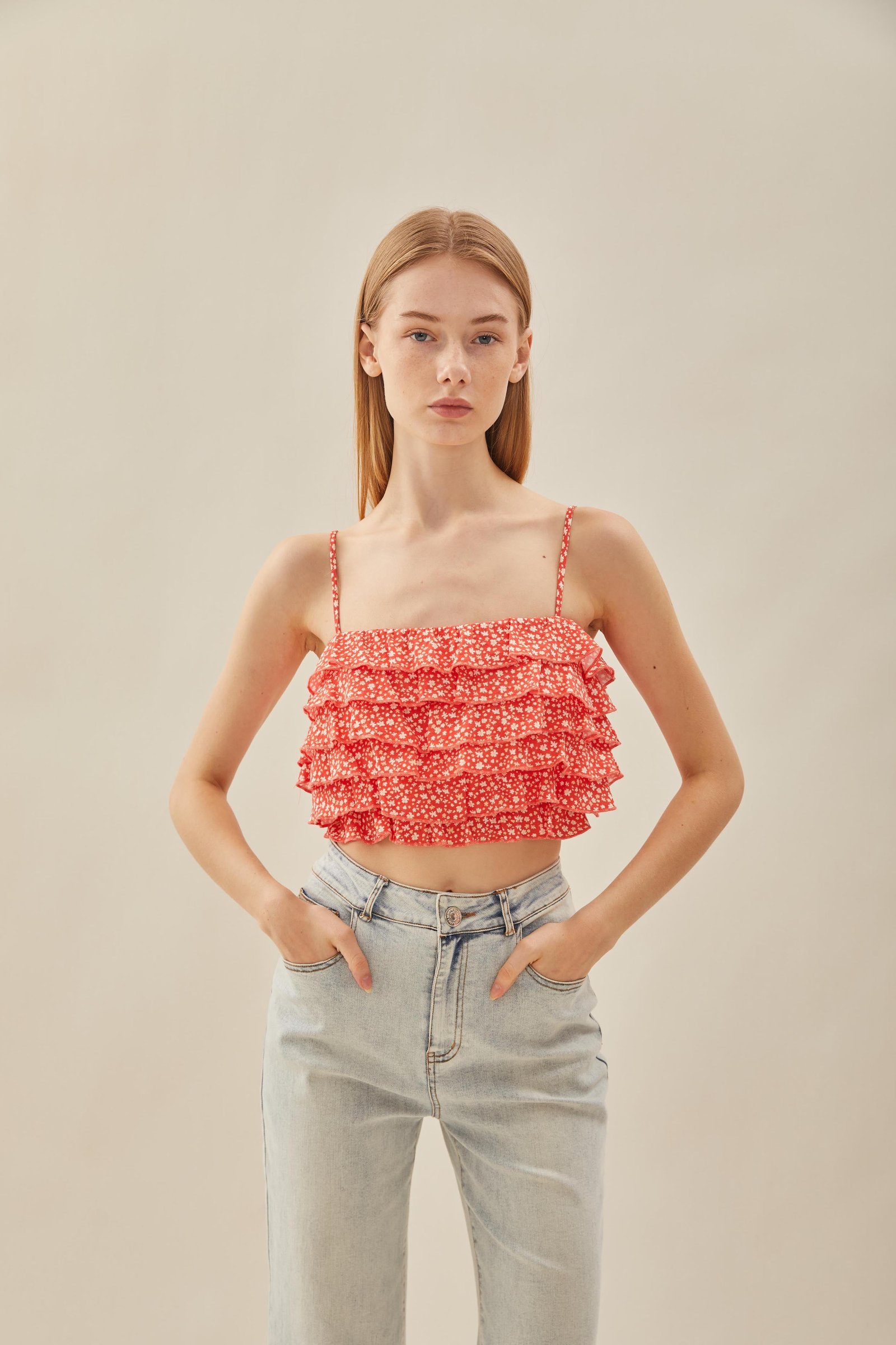 Tiered Frill Top in Red Bloom - Image 7