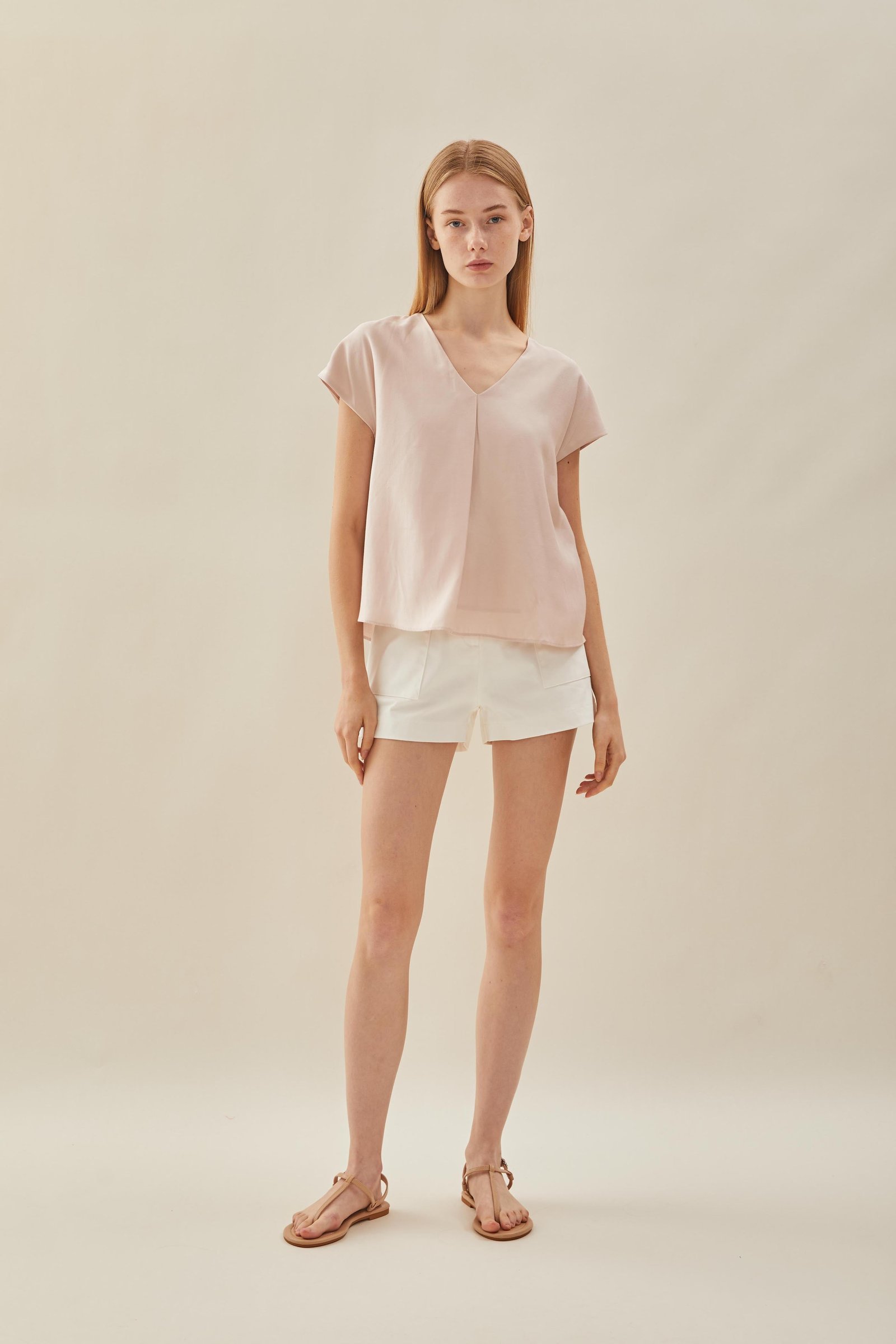 V Neck Sleeved Top in Petal Pink - Image 2