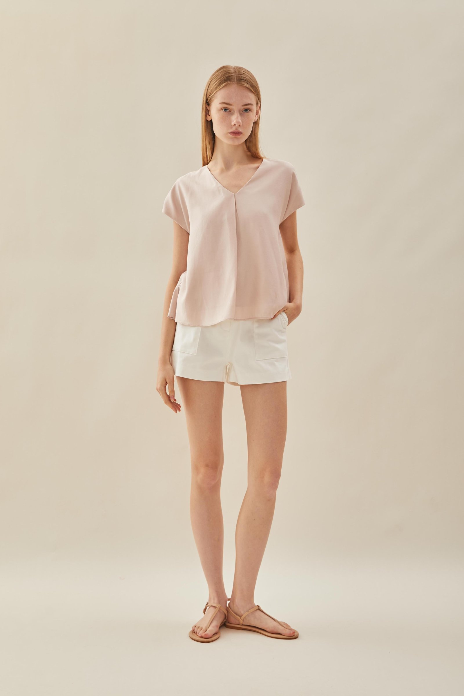 V Neck Sleeved Top in Petal Pink - Image 4