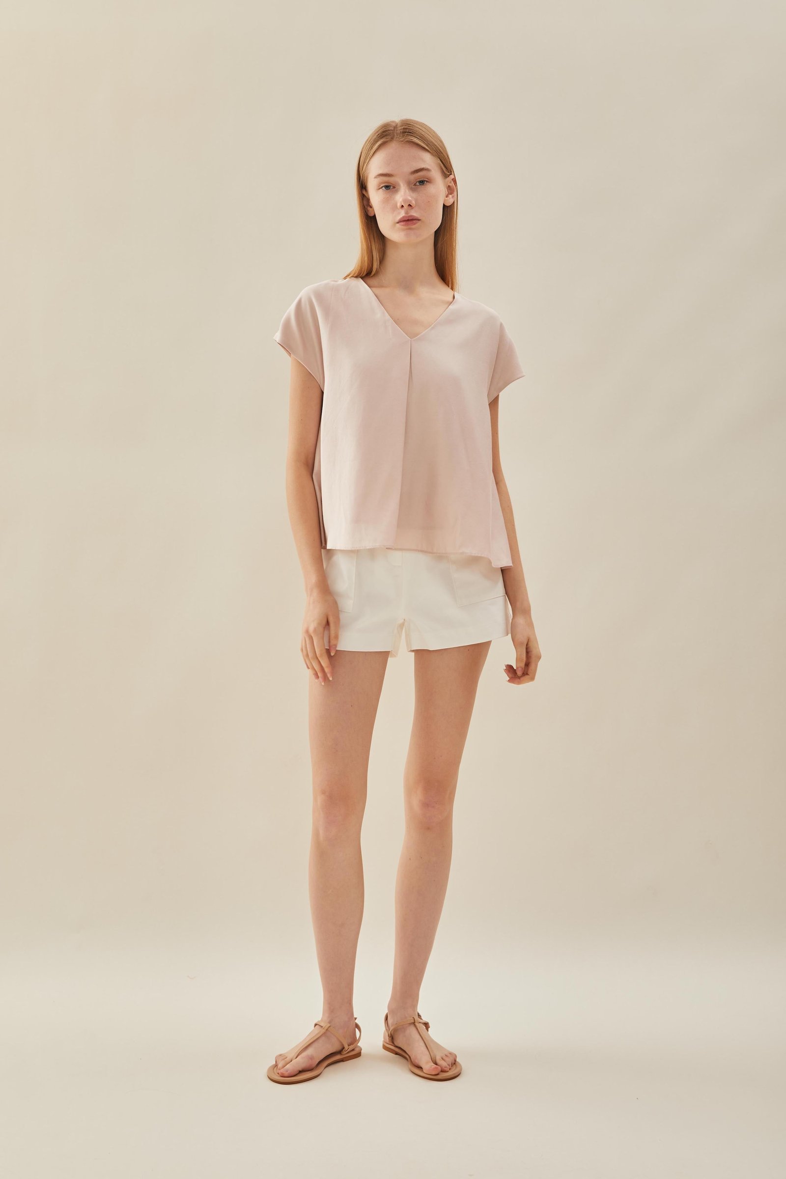 V Neck Sleeved Top in Petal Pink - Image 5