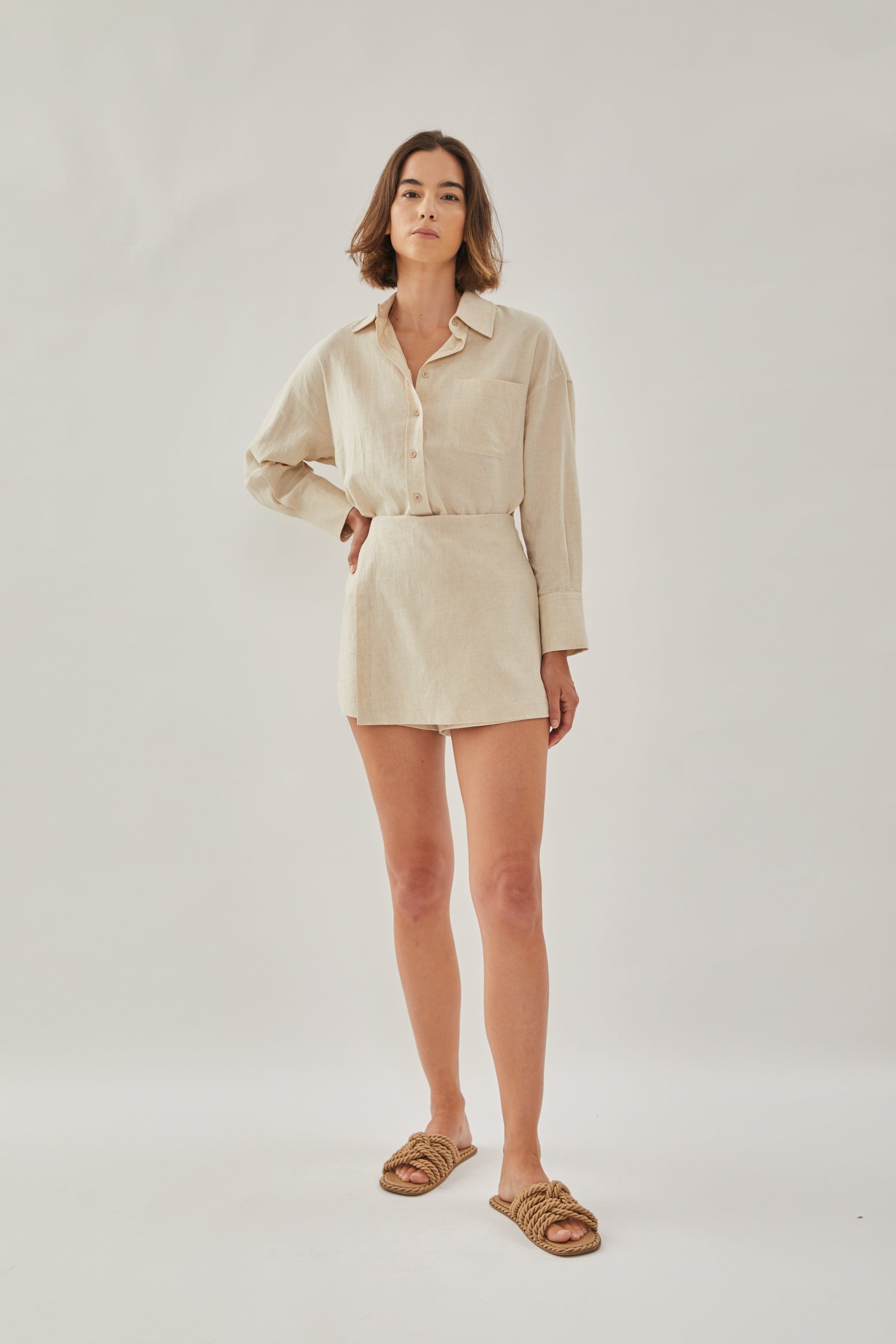 Linen Wrap Skorts in Natural - Image 2