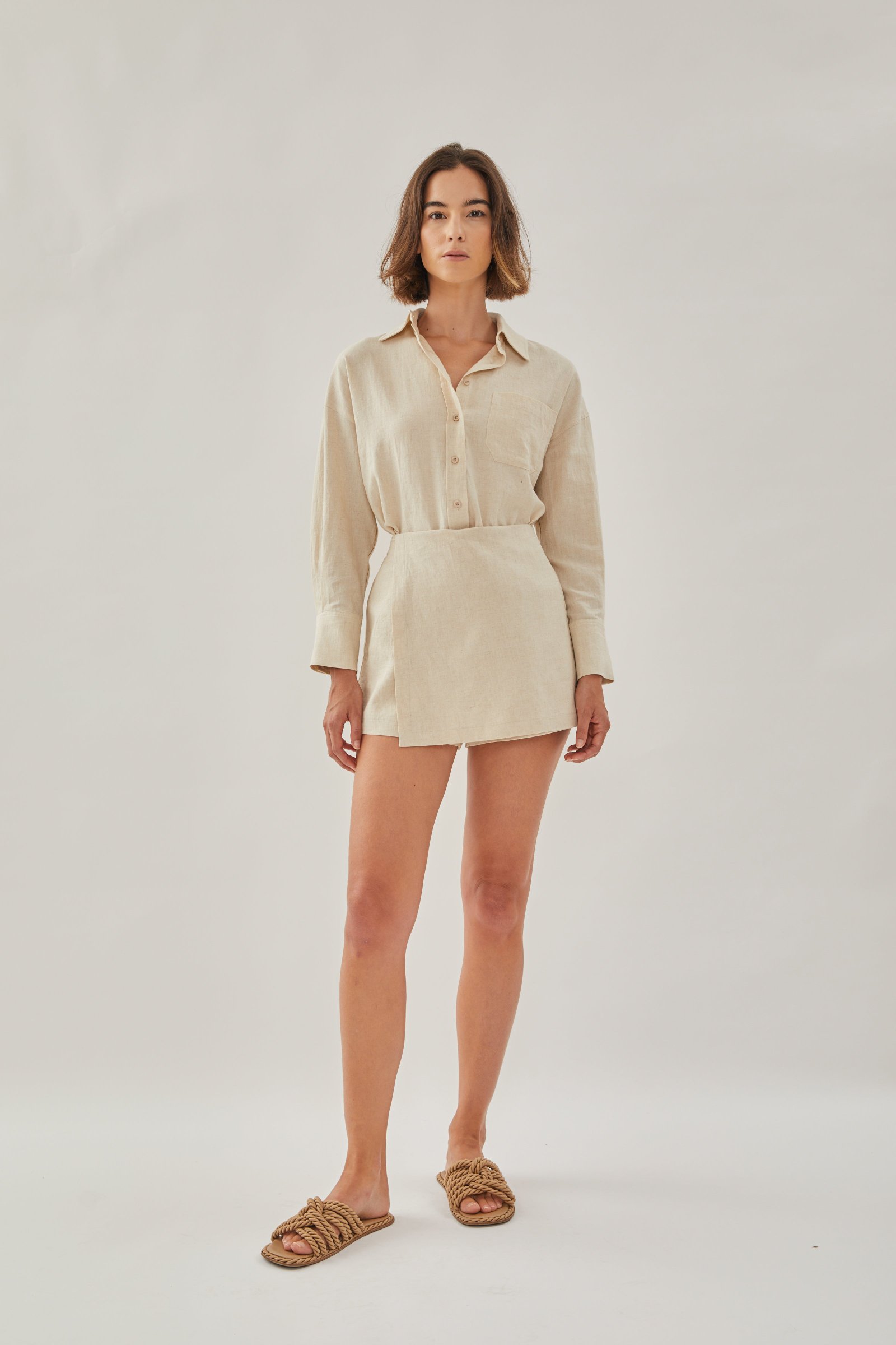 Linen Wrap Skorts in Natural - Image 3