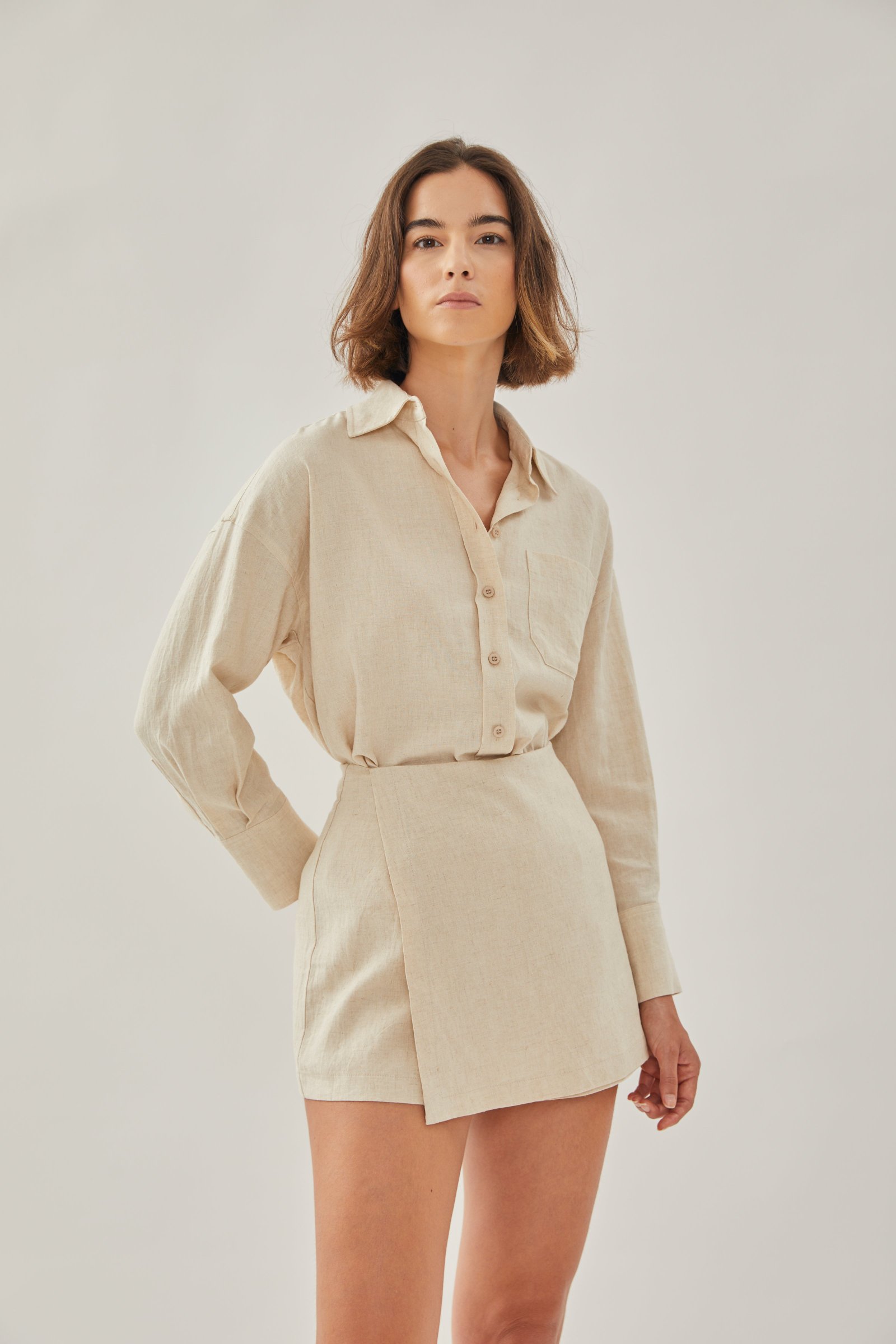 Linen Wrap Skorts in Natural - Image 5