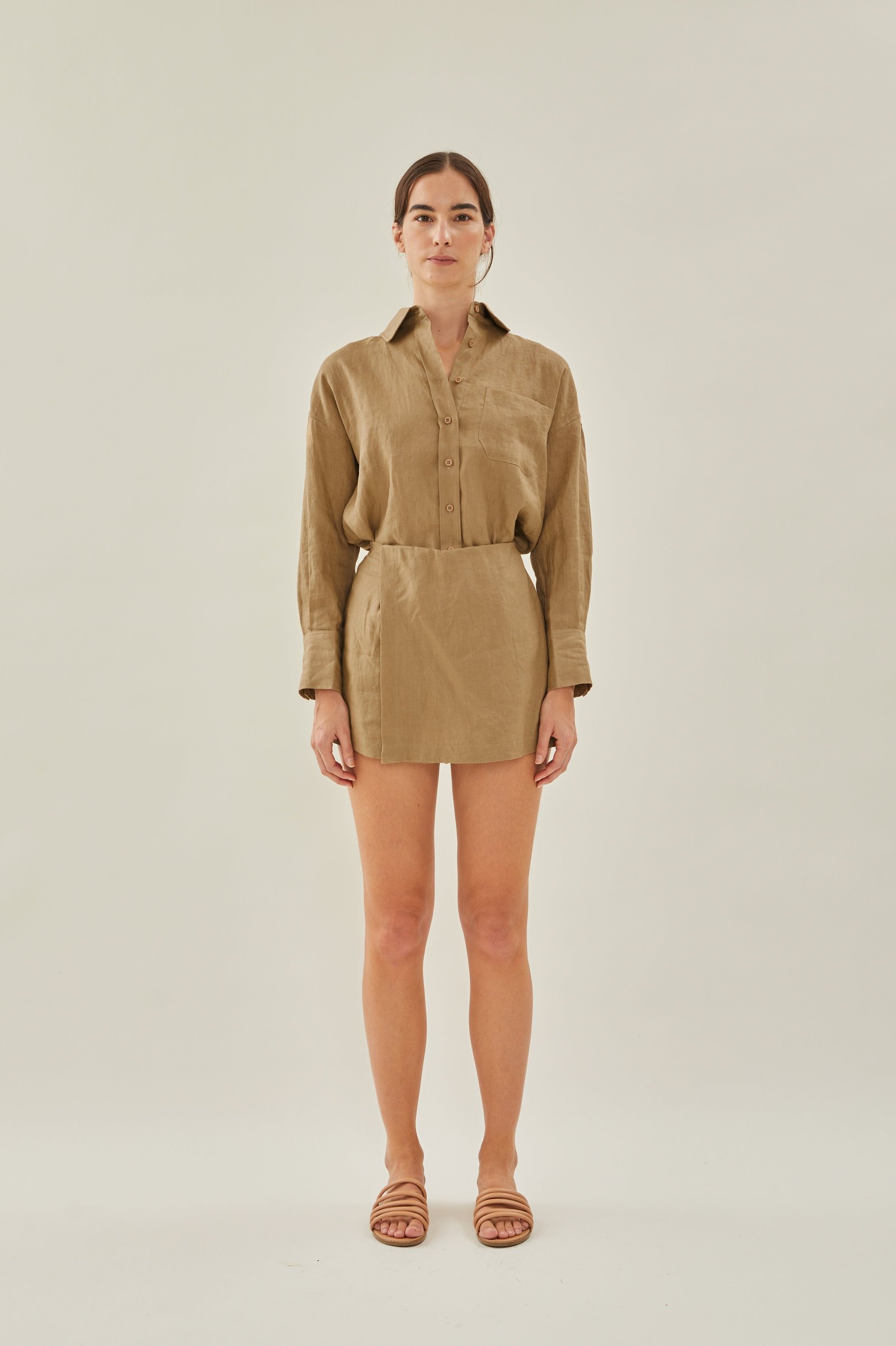 Linen Wrap Skorts in Brown