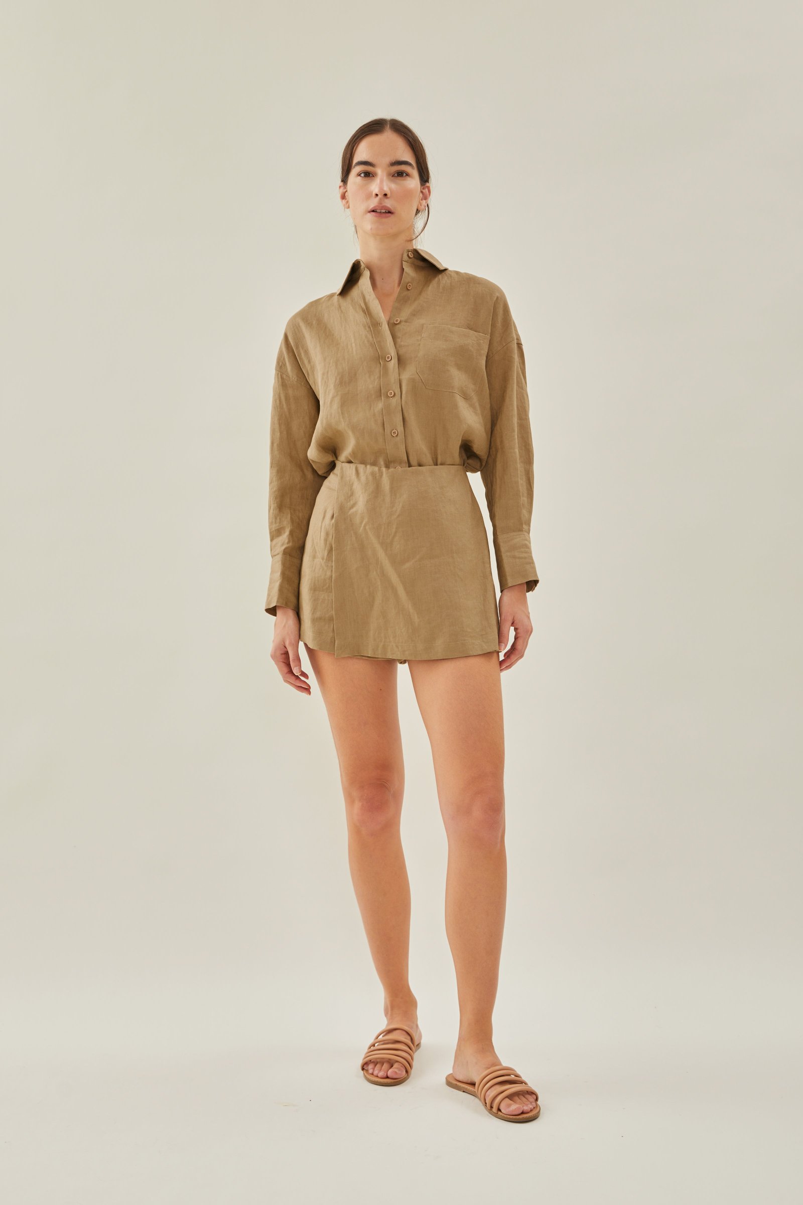 Linen Wrap Skorts in Brown - Image 2