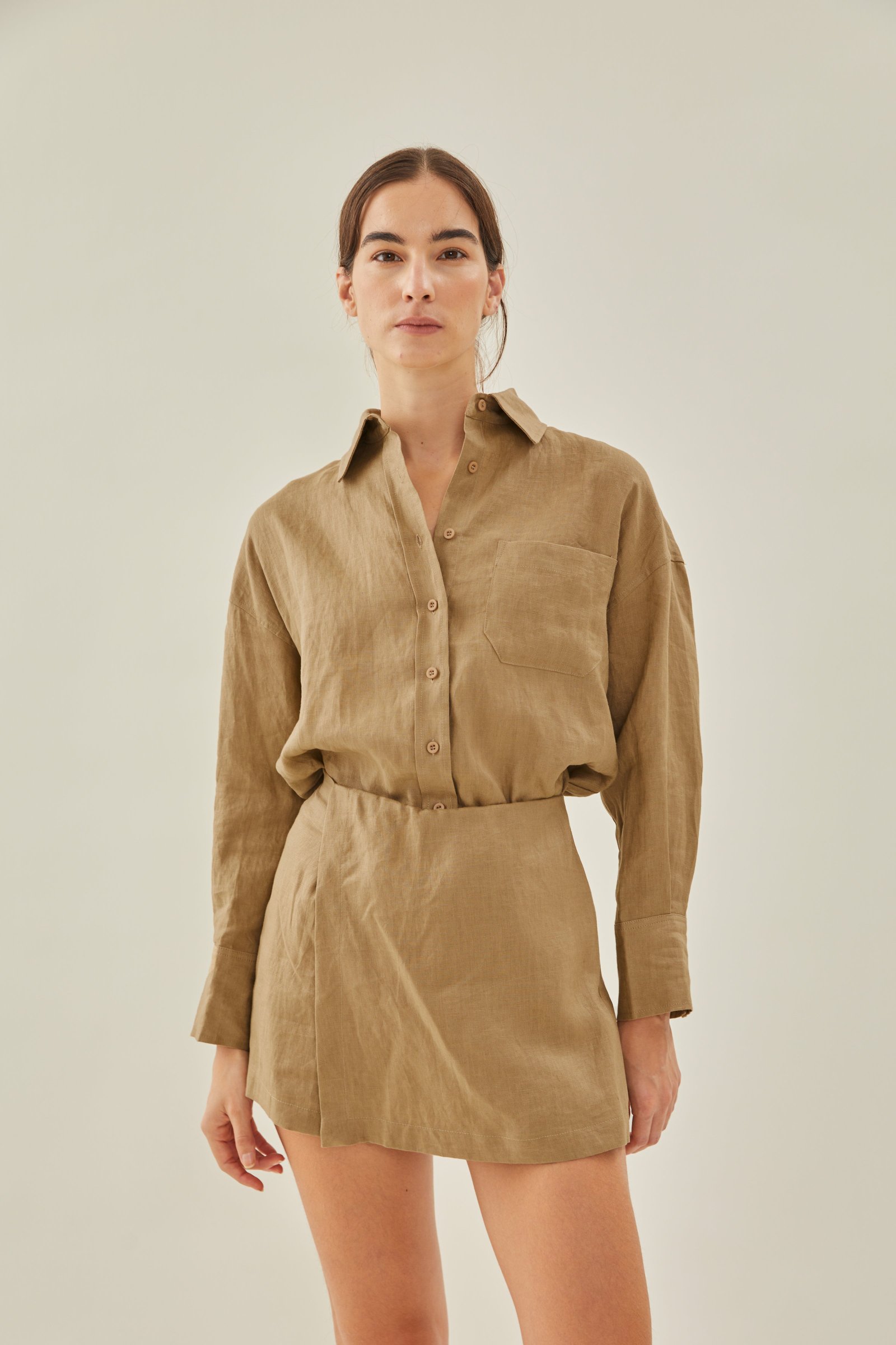 Linen Wrap Skorts in Brown - Image 4