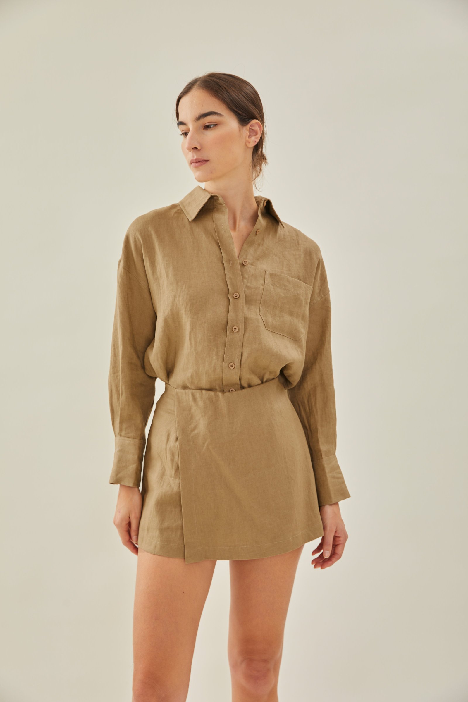 Linen Wrap Skorts in Brown - Image 5